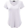 thumbnail image 3 of FINALGANG New T-Shirt For Women Solid Color V-Neck Short Sleeve Hollow Out Curved Hem Tshirts Skin Friendly Relaxed Fit Activewear, 3 of 3