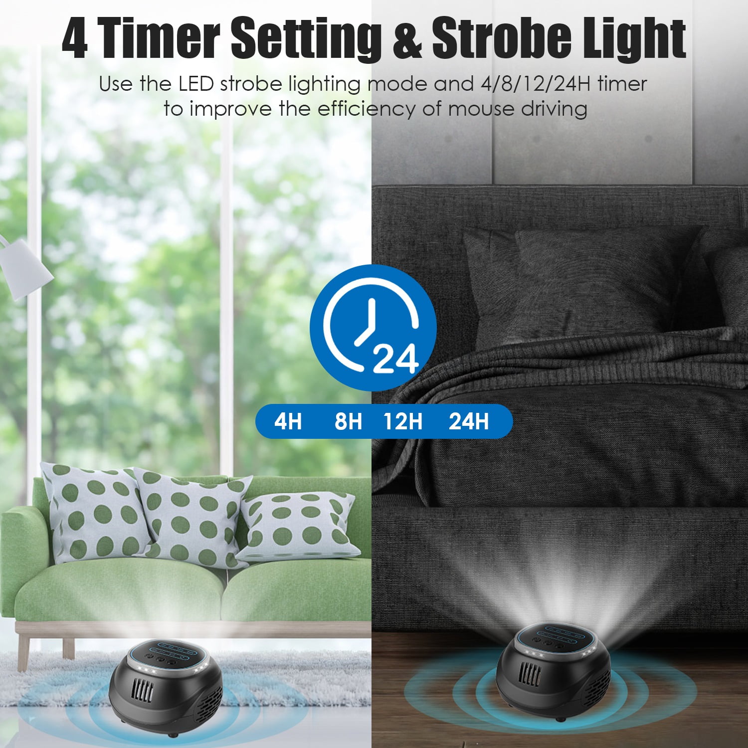 2 Pack Ultrasonic Rodent Repeller Mouse Rat Squirrel Bat Pest Control 4Modes 4-65KHz Strobe Light 4Timer 129Sq Ft Coverage 3.94Inch ABS USB Powered Garage Attic Basement Warehouse Office Kitchen