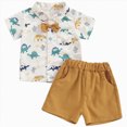 thumbnail image 3 of Kaprioy Boys Summer Outfits Short Sleeve Dinosaur Print Bow Tie Button Up Shirt Top Shorts 2Pcs Toddler Baby Boy Summer Clothes, 3 of 7