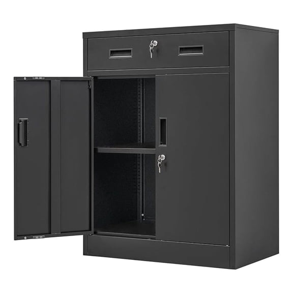 Metal Storage Cabinet, Locking Cabinet with One Drawer and Adjustable Shelf, 36" H x 28" W x 16" D Steel Storage Cabinet for Office, Garage, Home-Black