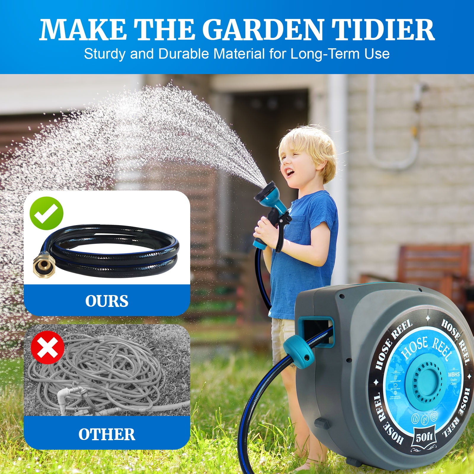 Sunifier Retractable Garden Hose Reel, 50FT, Auto Rewind, Wall Mount, UV Resistant, Brass Fitting, 10-Function Nozzle