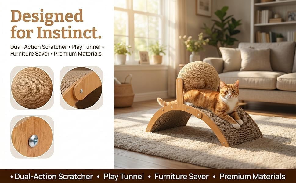 Cat Scratching Ball On Stand, Interactive Cat Scratcher with 360° Rotating Sisal Ball, Cat Scratching Post with Arch Bridge Balls, Cat Scratcher Board for Indoor, Protects Furniture & Rugs