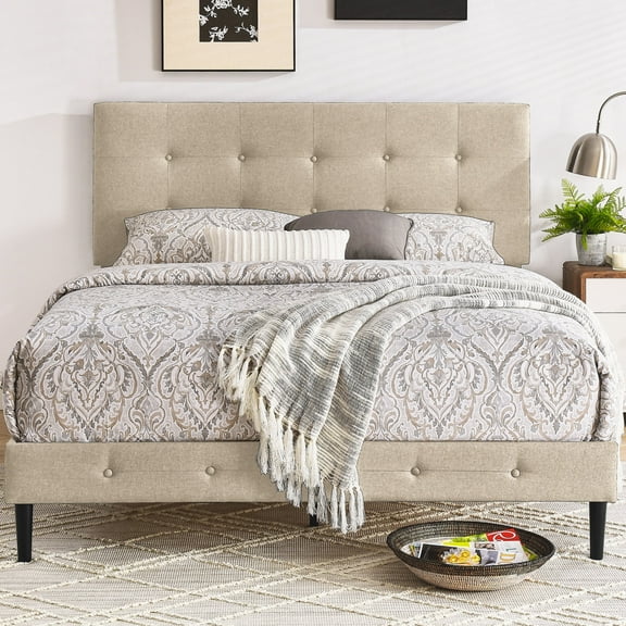 DeCoro Cambridge Easy Assembly Upholstered Platform Bed with Headboard, Metal Frame with Solid Wood Slat Support, No Box Spring Required and Noise-free, Queen, Linen