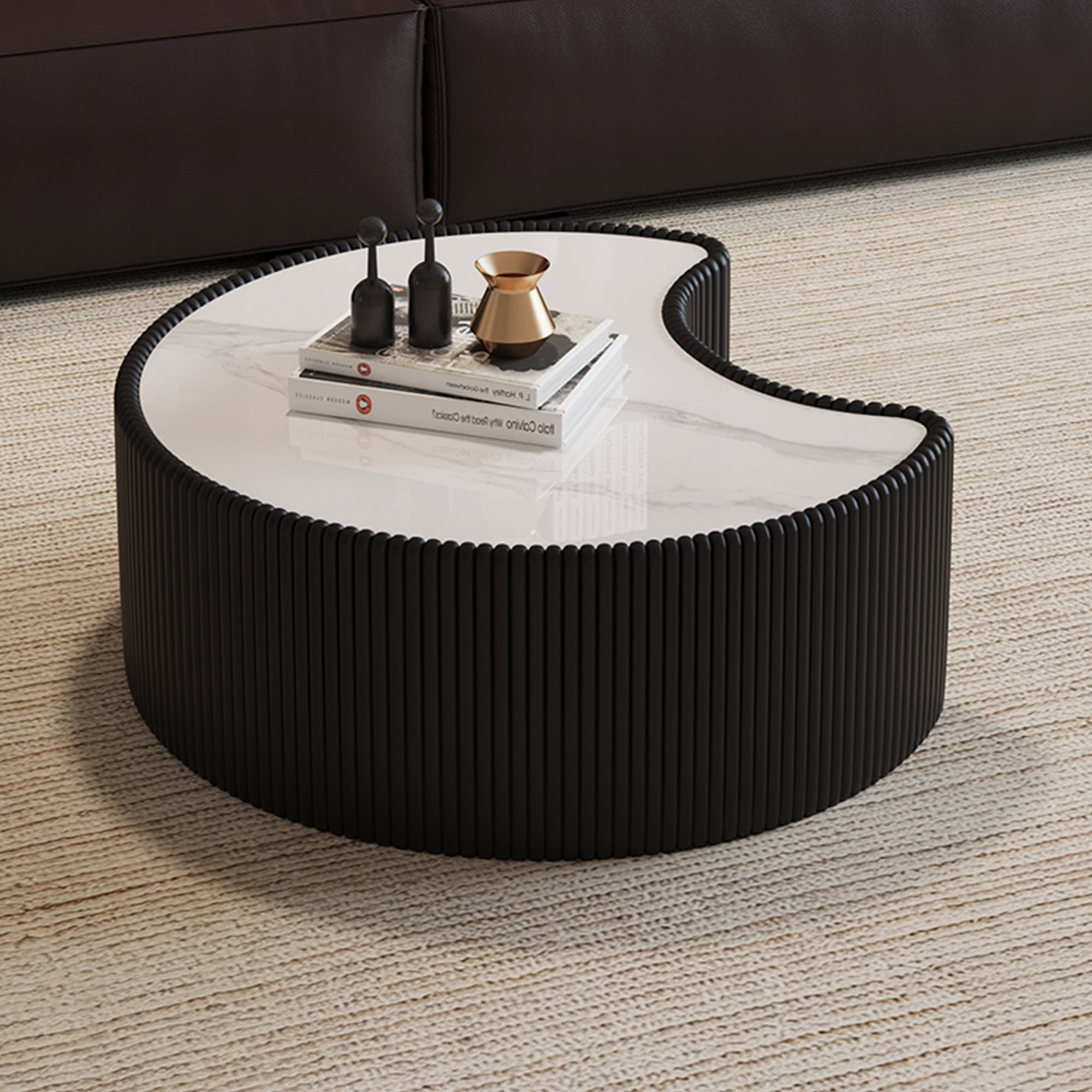 Sintered Stone Coffee Table 29.53 Inch, Irregular Shape Leather Top for Living Room Office, Black