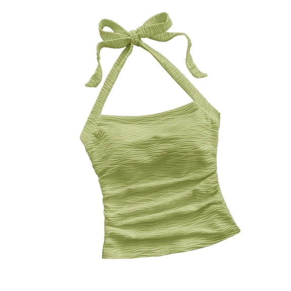 Women's Ruched Halter Tank Tops Y2K Crop Tube Tops Tie Back Sleeveless Slim Fit Cami Teen Girls Textured Square Neck Shirts