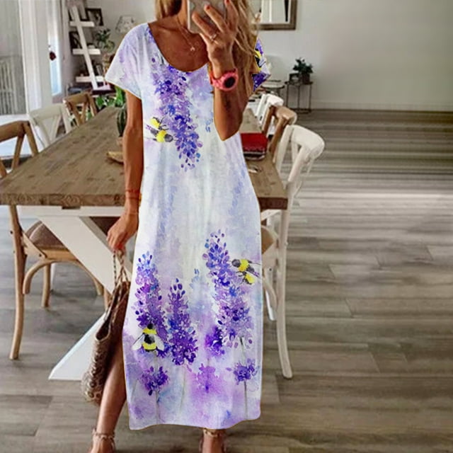 SMihono Summer Boho Dress for Grande Taille pour Femme Mode Femmes Confortable Décontracté Col Rond Manches Courtes Imprimé Fente Dress