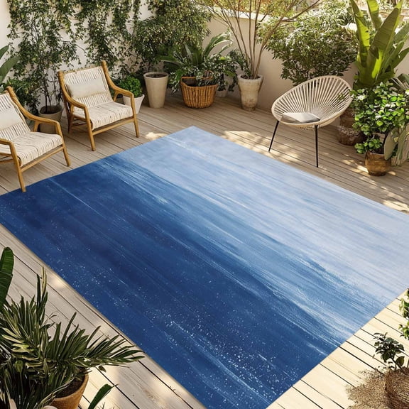 Abstract Blue Ombre Outdoor Area Rug 6x9ft Decorative Indoor Outdoor Rug Ocean Texture Patio Area Rug for Porch, Deck, Balcony, Entryway, Camping & RV