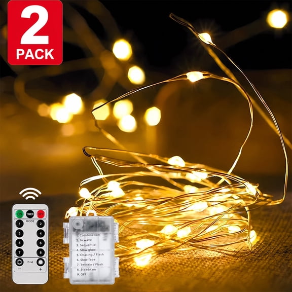GUPUP 33ft 100 LED Fairy Lights, 2 pack Battery-Operated Wire Lights, Warm White & 8 Modes Twinkle Lights for Party Wedding Decorations
