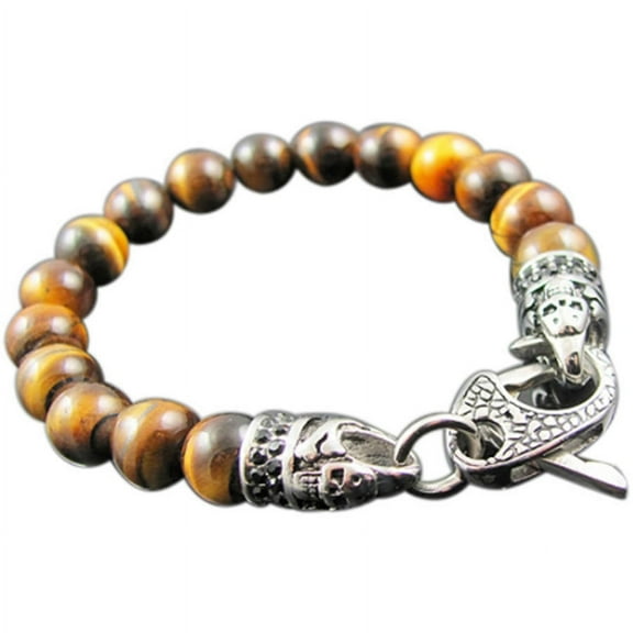 Men's Genuine Tiger's Eye Stainless Steel Bead Bracelet with Black CZ