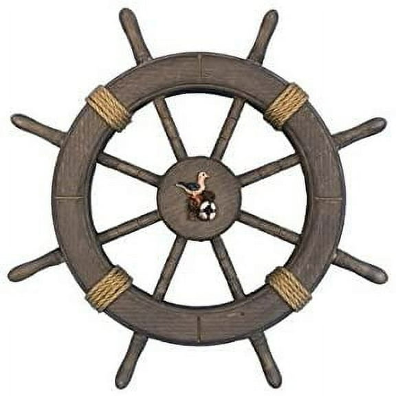Nagina International Artifact Stlye Painted Wooden Ship Wheels 18" w/ Rope Seagull Motiff Center Navy Wheel for a boat