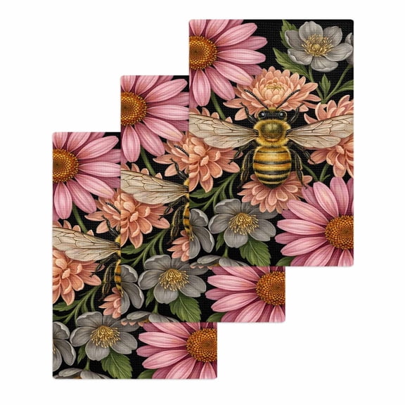 Pink Flowers Bee Kitchen Dish Towels for Drying Dishes Set of 3, Spring Floral Watercolor Botanical Waffle Weave Microfiber Hand Tea Bathroom Towels Quick Dry & Absorbent Towel 15.7x23.6