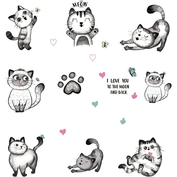10 Style Cartoon Cats Wall Decals Cute Cat Bedroom Decor with Heart Paw Print Wall Stickers Vinyl Wall Decor for Bedroom Living Room Nursery Home Pet Room Decorations Mixed ColorDIY