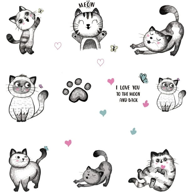 10 calcomanías de pared con diseño de gatos de dibujos animados, decoración de dormitorio con huellas de corazón y vinilo.