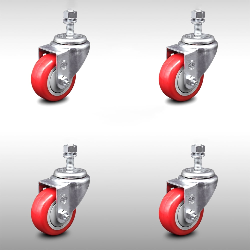 Stainless Steel Polyurethane Swivel Threaded Stem Caster Set of 4 w/3