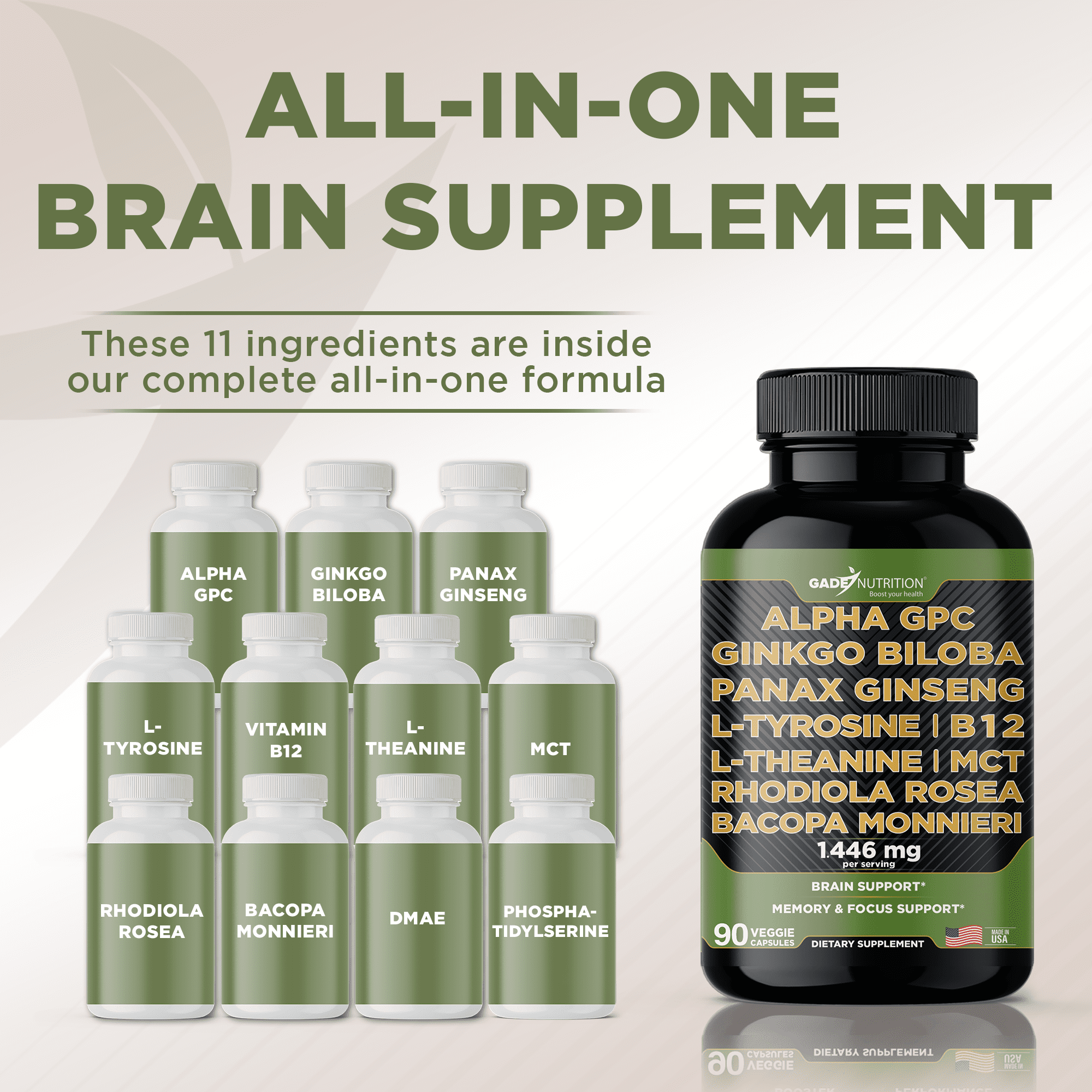 Gade Nutrition Alpha GPC with Ginkgo Biloba, Ginseng, L Theanine, B12, Bacopa Monnieri, L Tyrosine, Rhodiola Rosea - 90 Caps - Made in USA