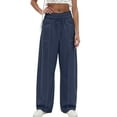 thumbnail image 7 of Barrel Sweatpants Women High Waisted Wide Leg Lounge Pants Summer Drawstring Waist Contrast Patchwork Pants w/Pockets Navy 2XL, 7 of 7