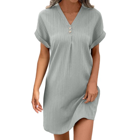 V Neck Solid Colour Plus Size Tunic Dress Pullover Comfortable Casual Button Midi Dress Down Dress