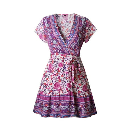

NUOLUX Fashion Summer Dress Flower Printed Skirt Women Strappy Dress Creative V Collar Dress (Purple Size M)