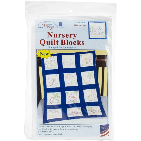 Jack Dempsey Stamped White Nursery Quilt Blocks 9"X9" 12/Pkg-Dinosaurs