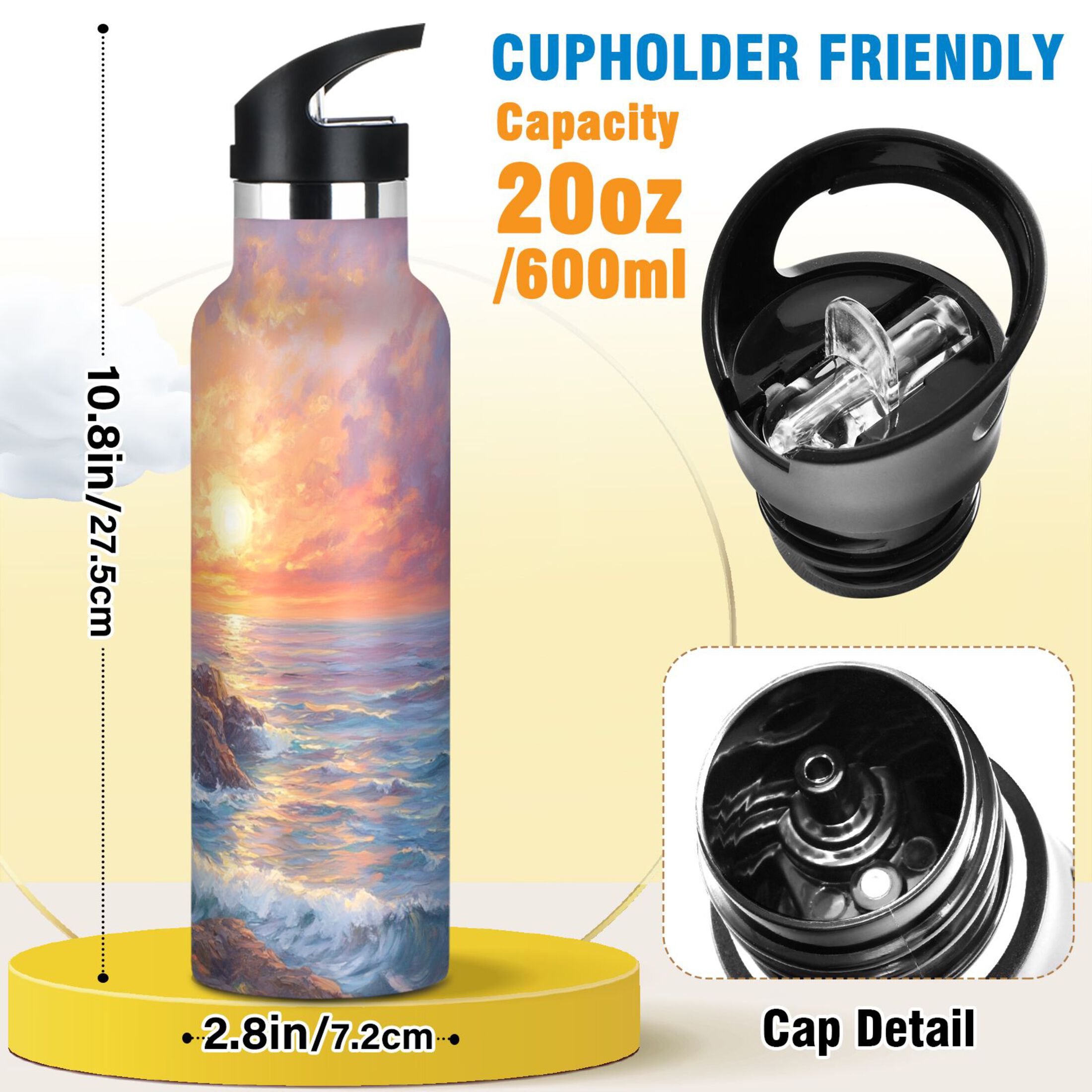 600ML Stainless Steel Insulated Cup Sports Water Bottle Portable Thermos Cup Water Glasses Insulated Tumblers Convenient and Durable Sunset Lighthouse