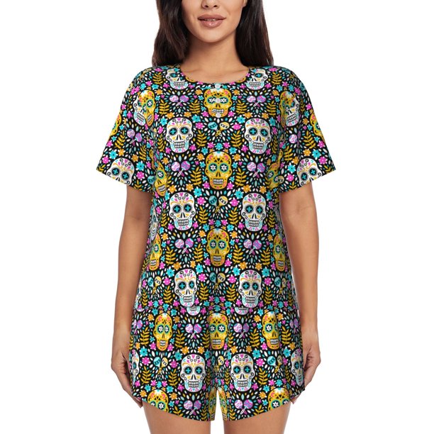 Fotbe Sugar Skulls Conjunto de Pijama Estampado para Mujer, 2 Piezas, Ropa de Dormir con Camiseta de Manga Corta y Shorts Suaves-XX-Large