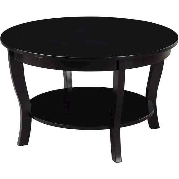 FurniFact Elegant Black Round Coffee Table with Shelf, MDF Solid Rubberwood Material