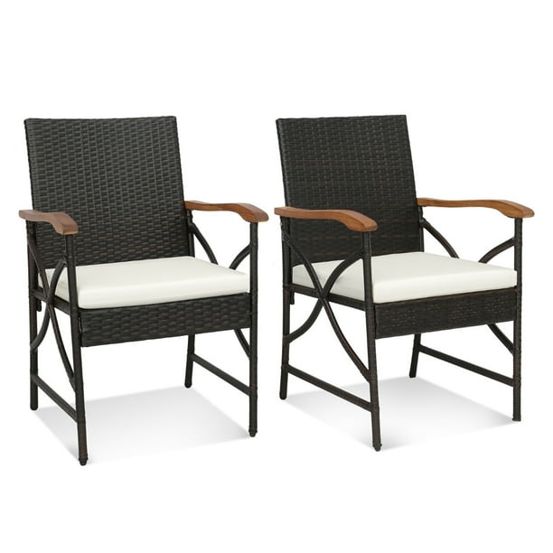 Costway Conjunto de 2 Sillas de Mimbre para Patio Sillas de Ratán PE con Cojín Suave Reposabrazos Marco Metal Sillones para Jardín Balcón Piscina