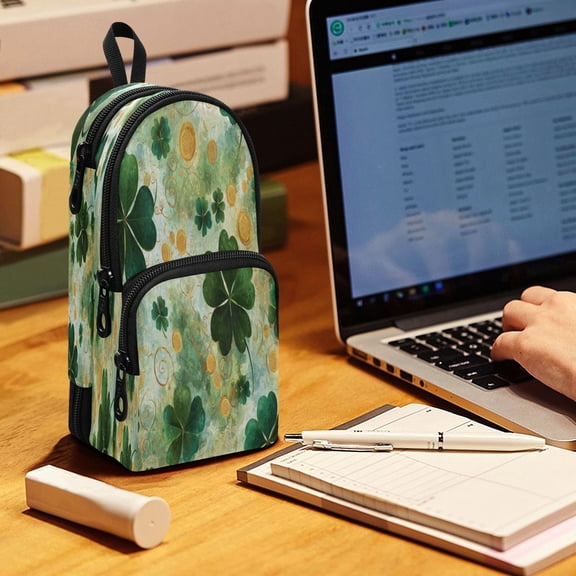 Backpack Pencil Case, 3 Compartment Large Capacity Oxford Fabric Pencil Pouch / Lucky Clover Coin Pattern