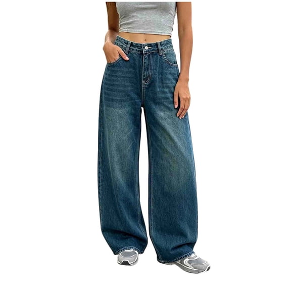 Women Fashion High Waisted Retro Loose Fit Pocket Jeans