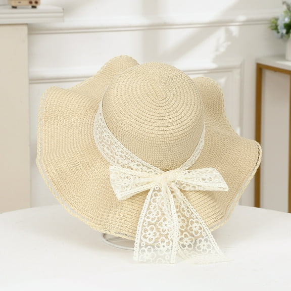 SikaFu Version Of The New Summer Wavy Shade Straw Hat Beach Hat Lace Bow, Sun Hat Spot