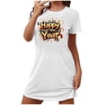 thumbnail image 1 of Camisón corto con estampado informal HAPPY YEAR para mujer, falda de dormir corta grande con cuello redondo y manga corta estampada en el pecho., 1 of 2