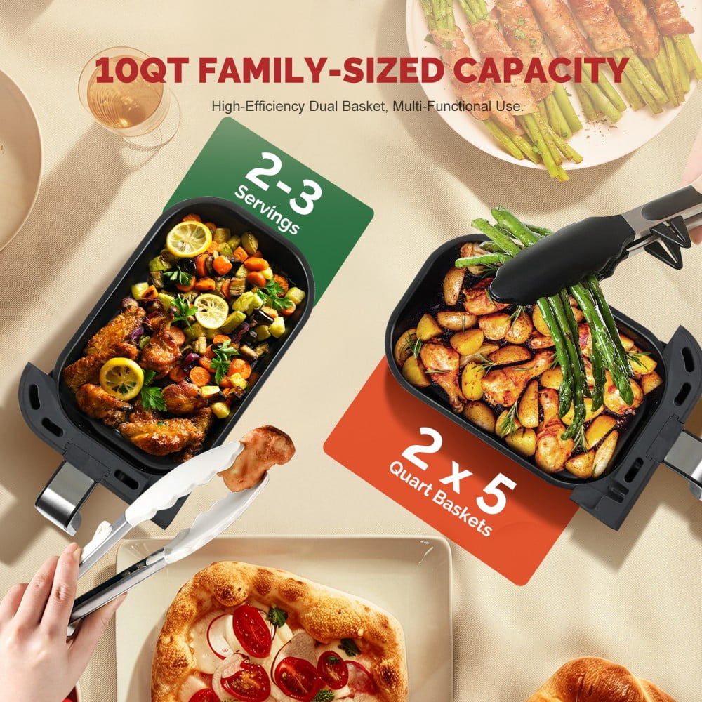 MIRASTON 10QT Digital Dual Basket Air Fryer, 1800W Stainless Steel Kitchen Cooker for Family Meals