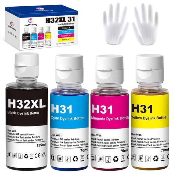 JoyPrinting 31 Ink Bottle Set 32XL Black Ink Bottle Compatible with HP 31 32XL Ink Bottle Set Work for HP Smart Tank 6001 7301 7602 7001 5000 5101 5102 5103 651 551 455 457 450 (4 Pack)