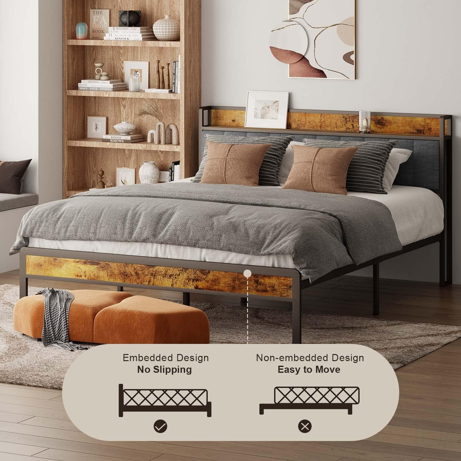 Lofka King Size Bed Frame with Storage Headboard, Sturdy Metal Support, Quiet Design, and Ample Under-Bed Storage, No Box Spring Needed，Easy Assembly
