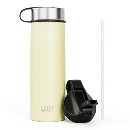 

Costway 22 oz Double Wall Insulated Water Bottle Stainless Steel w/ 2 Lids & Straw