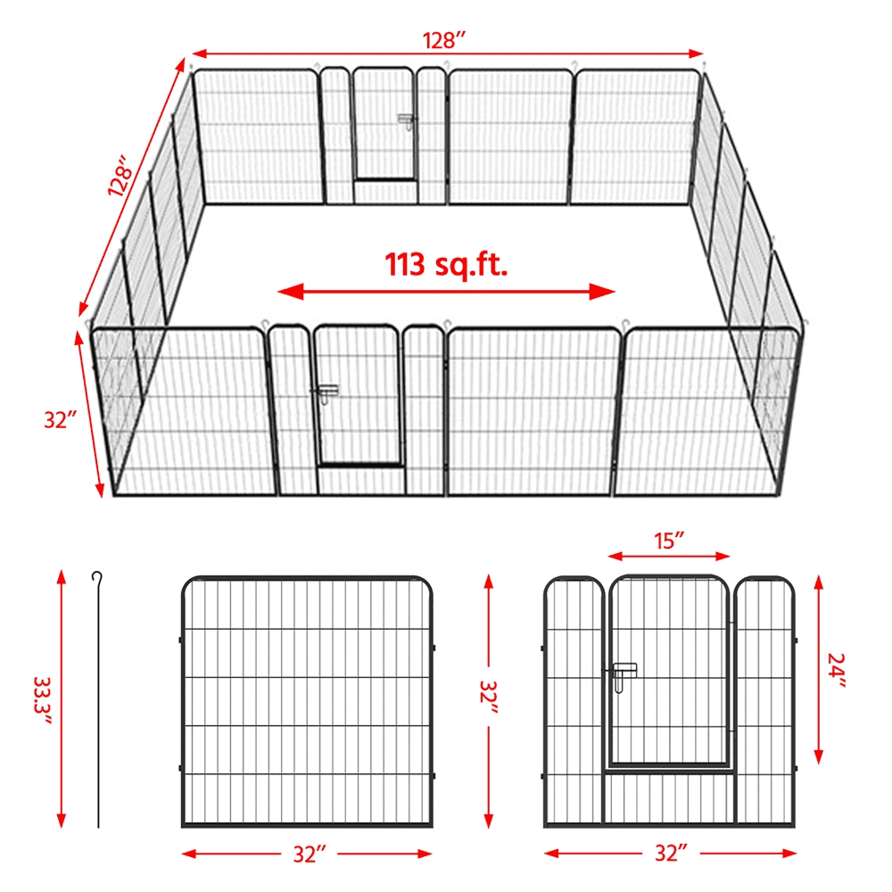 Alden Design 32"H Heavy Duty Black Iron Dog Playpen, 16 Panels