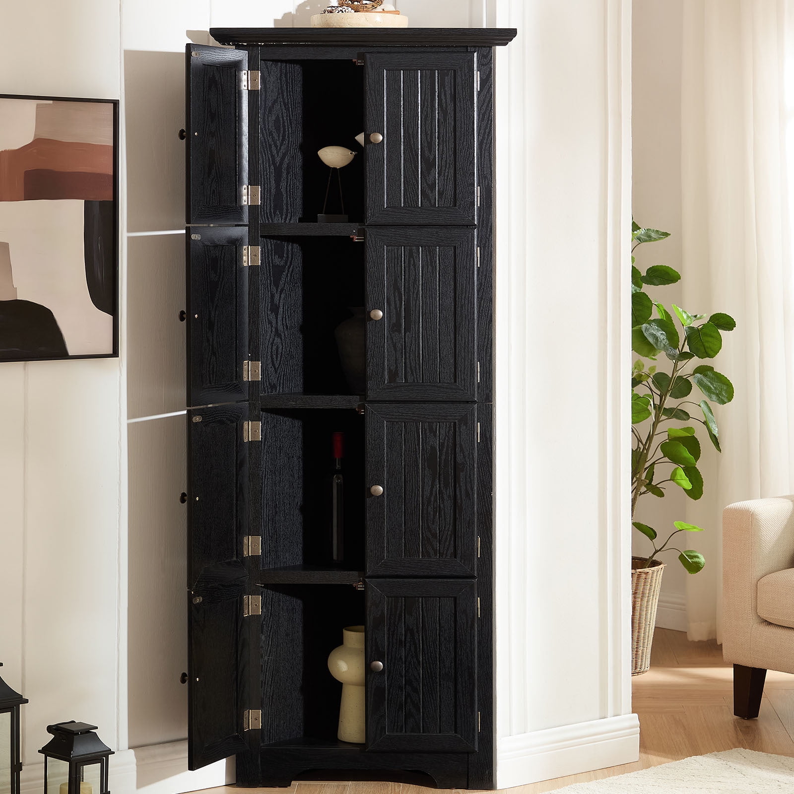 YIYADO Storage Cabinet, 4 Shelf 72" Corner Kitchen Pantry Storage Cabinet with 8 Doors, Home Farmhouse Bookshelf Cabinet, Black