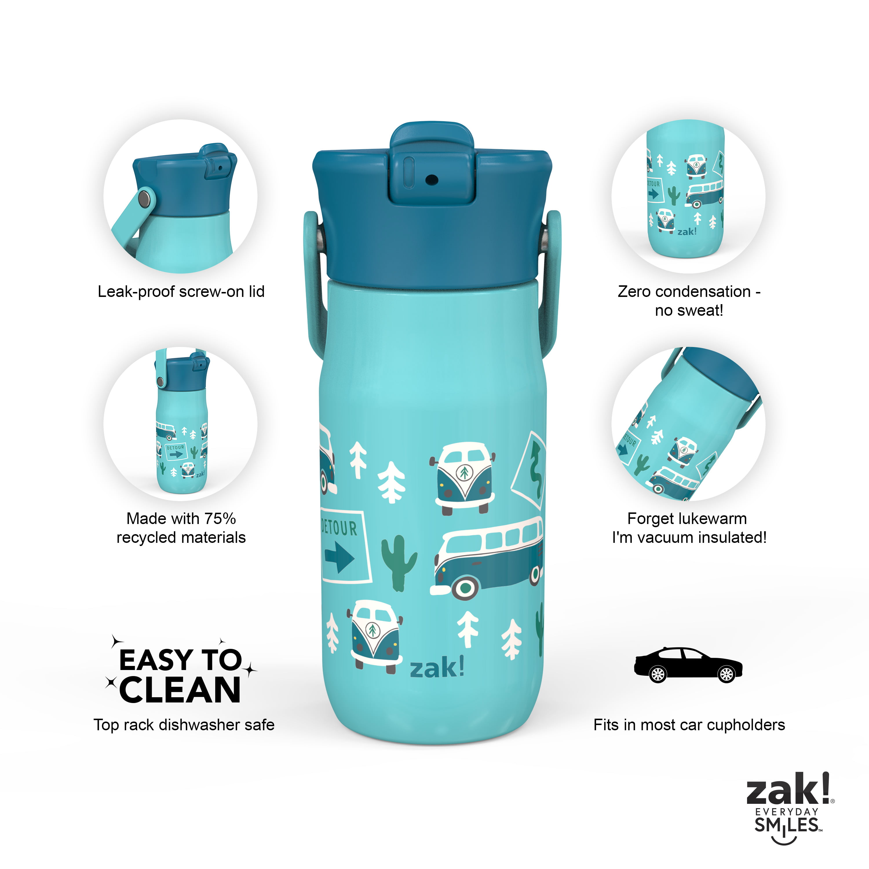 zak! Shells - Stainless Steel Vacuum Insulated Water Bottle - 14 oz -  Durable & Leak Proof - Flip-Up Straw Spout & Built-In Carrying Loop - BPA  Free