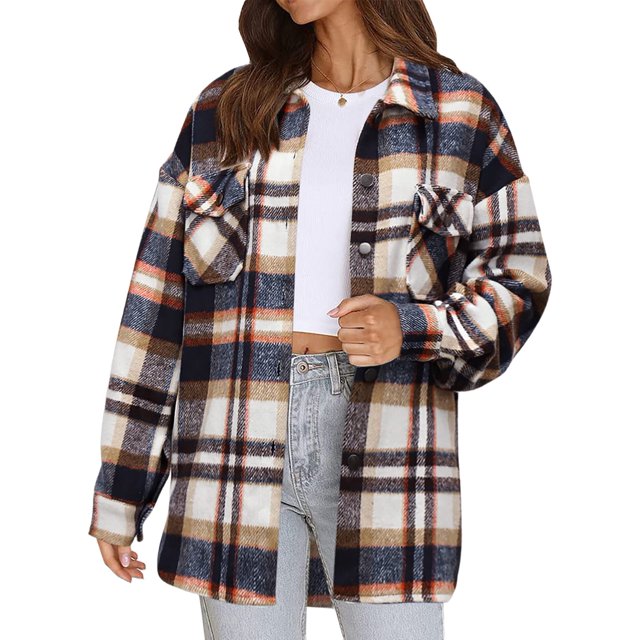 Women'S Flannel Plaid Shacket Fall Long Sleeve Button Down Shirts Jacket Coats with Side Pockets Color Pattern XL