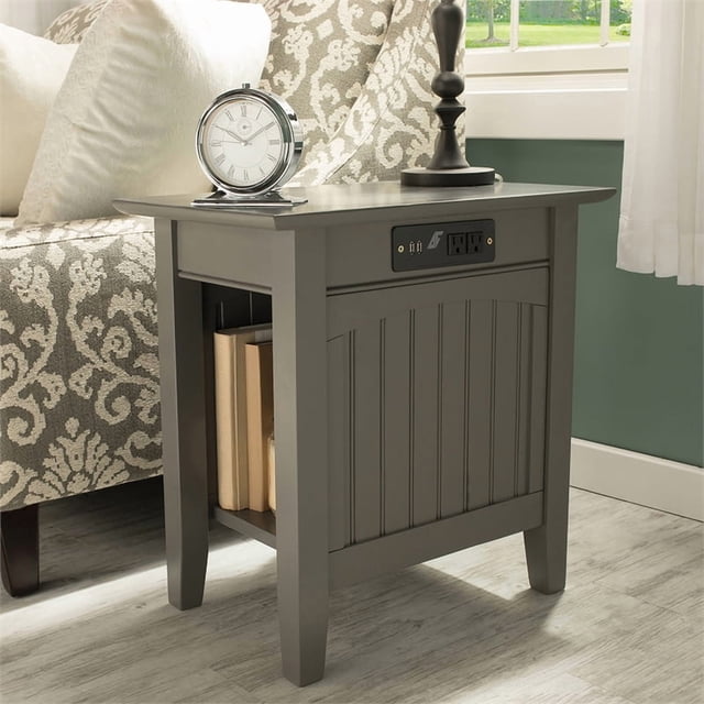 AFI Nantucket Solid Wood Chair Side Table with Device Charger in Gray