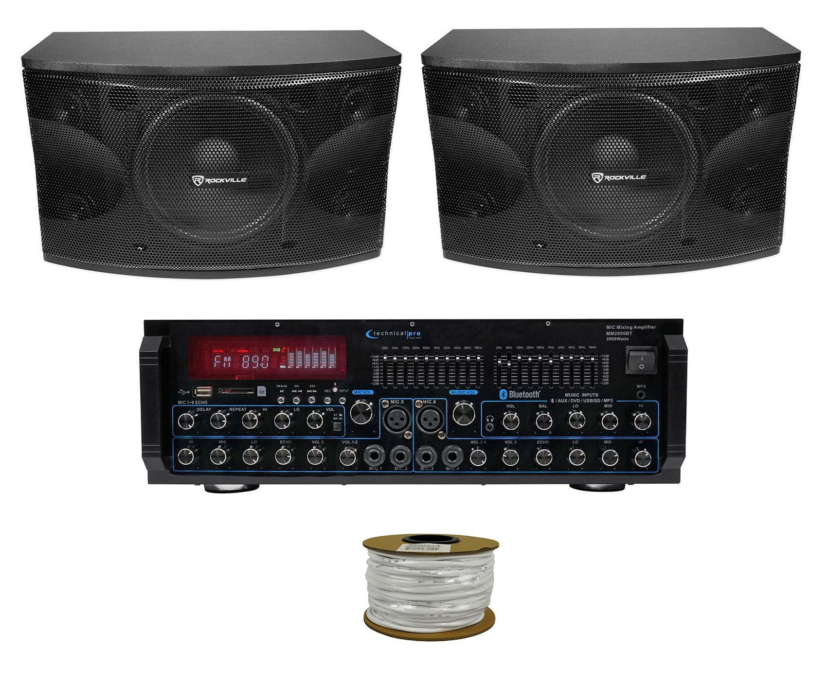 Rockville KPS12 12" 3-Way 1600w Karaoke Speakers+Bluetooth Amplifier Mixer + Rockville R14GSBR100 Red/Blk 14 100' Ft. Mini Spool Car Speaker Wire - Walmart.com