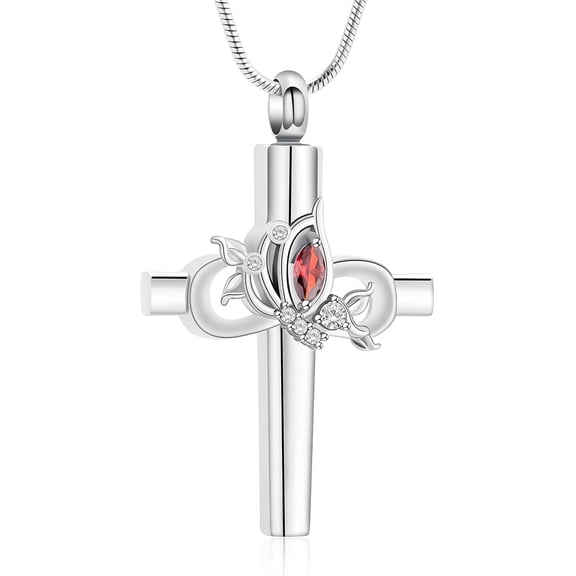 Infinity Cross Urn Necklaces for Ashes with Birthstone Cremation Jewelry for Women Men Cross Memorial Keepsake Ashes Necklace of Loved Ones