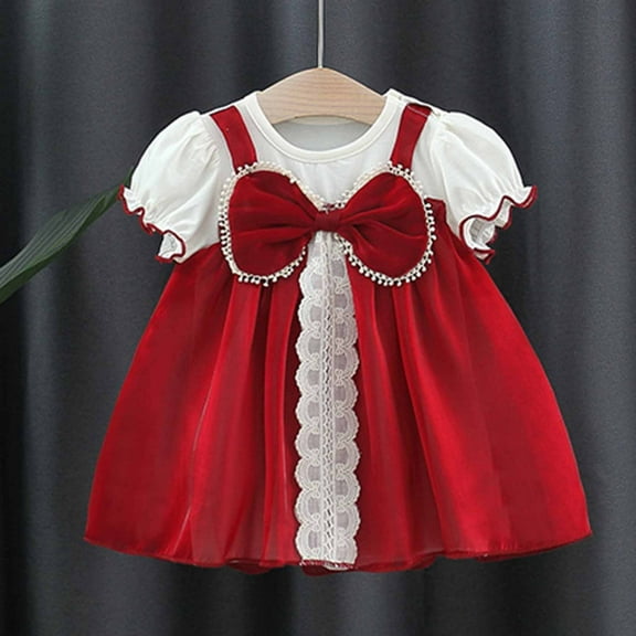 Wavsuf Children Girls Summer Dress Bow Vintage Lace Red Children's Clothing Size 2-3 Years