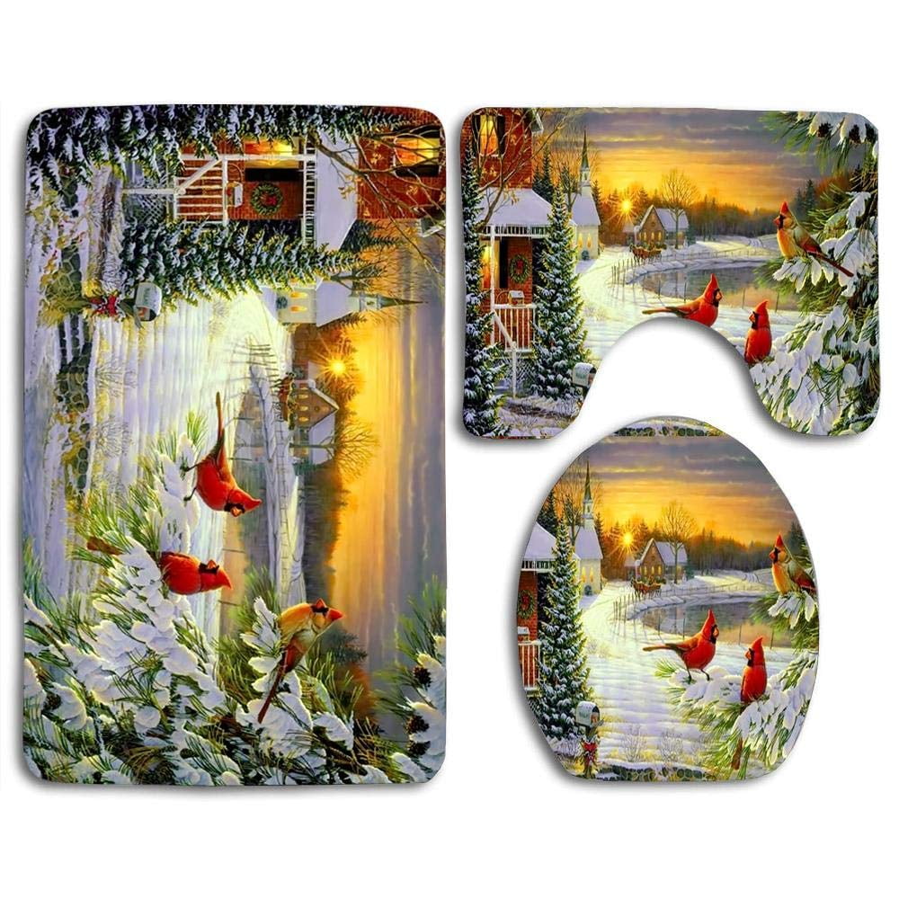 EREHome Winter Cardinals Snow Christmas 3 Piece Bathroom Rugs Set Bath