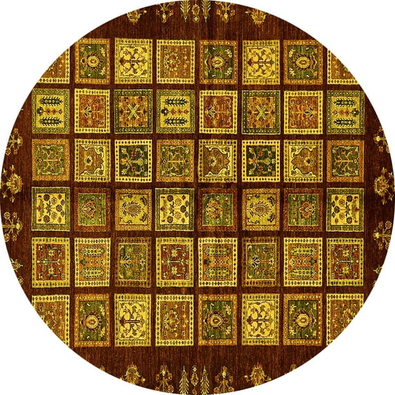 Ahgly Company Machine Washable Indoor Round Abstract Yellow Modern Area Rugs, 7' Round