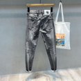 thumbnail image 4 of Pantalones vaqueros retro para hombre, ajustados, rasgados, de color azul claro, con estampado Kpop, con agujeros cónicos, para hombre, pantalones vaqueros rotos y rasgados, estéticos, tallas XS, 4 of 5
