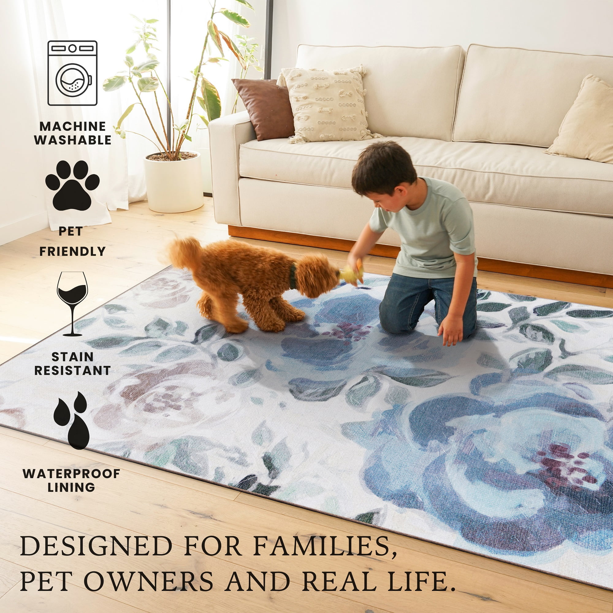 My Magic Carpet 2.5'x10' Machine Washable Kitchen Hallway Runner Rug - Sasha Floral Cream Blue
