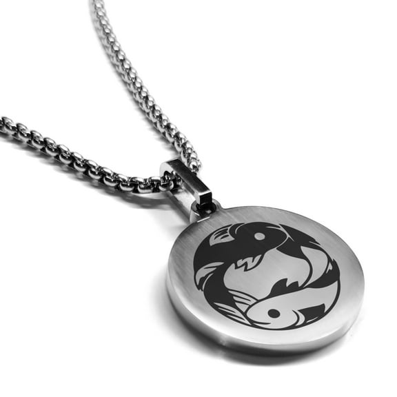 Stainless Steel Pisces Zodiac (Two Fishes) Round Medallion Pendant Necklace