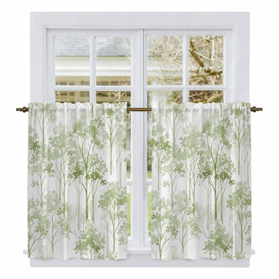 Watercolor Forest Sage Green Tier Curtains 54 Inch Length, Abstract Modern Trees Cafe Short Curtains for Bathroom Over Sink, Small Kitchen Curtain Light Filtering Tiered Drapes 2 Panels 27.5"Wx54"L