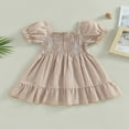 thumbnail image 4 of Robe d'Été Décontractée pour Tout-Petites Filles, Robe à Manches Courtes Bouffantes, Robe Trapèze, Robe de Fête à Carreaux, Kaki, 2-3 Ans, 4 of 8